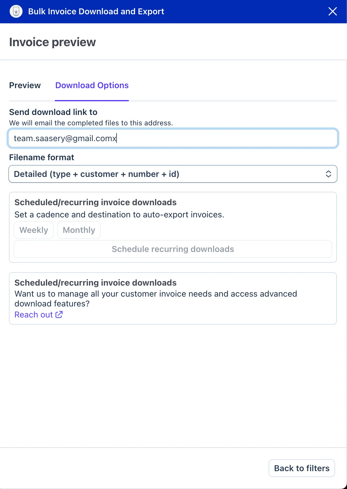 Bulk invoice download home screen
